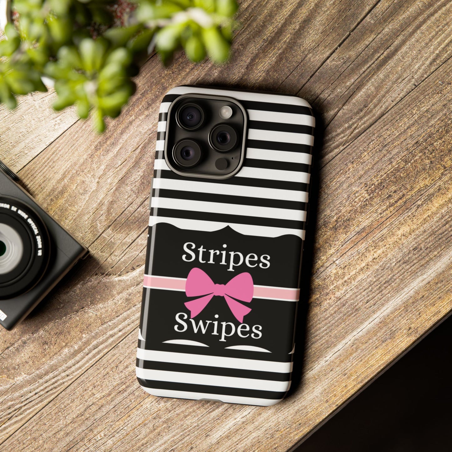 Phone Case iPhone 16/15/14 - Black/White/Pink Stripes & Swipes Tough Case