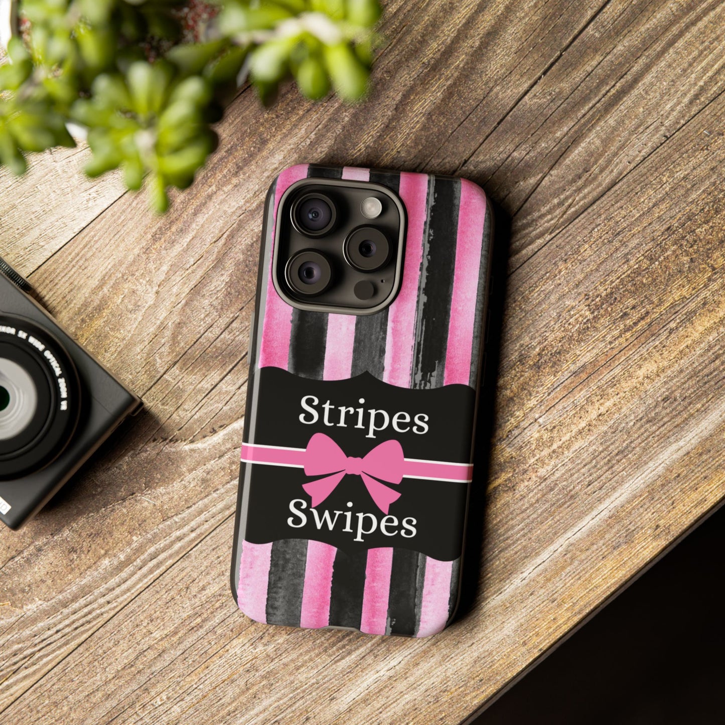 Phone Case iPhone 16/15/14 - Black/Pink Stripes & Swipes Tough Case