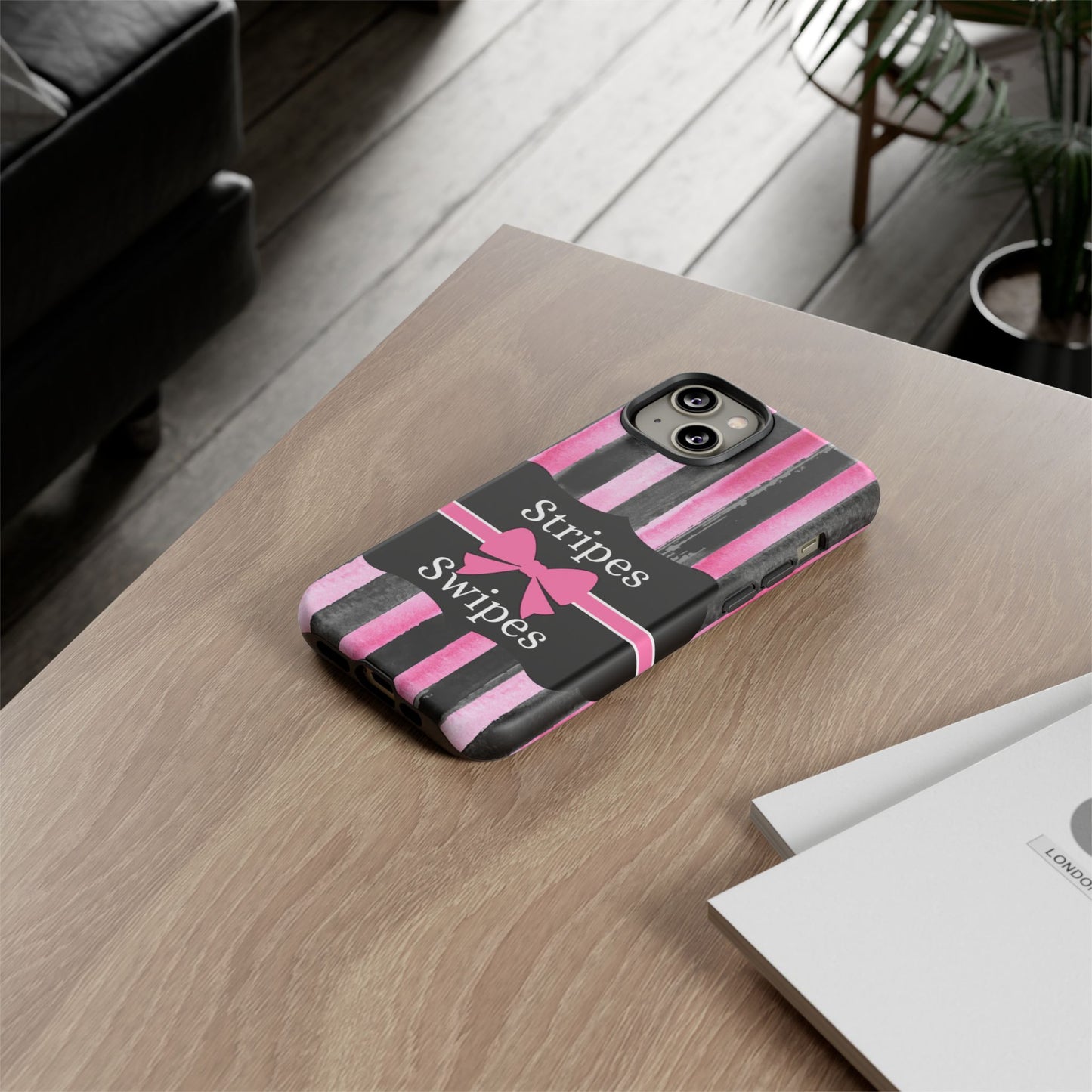 Phone Case iPhone 16/15/14 - Black/Pink Stripes & Swipes Tough Case