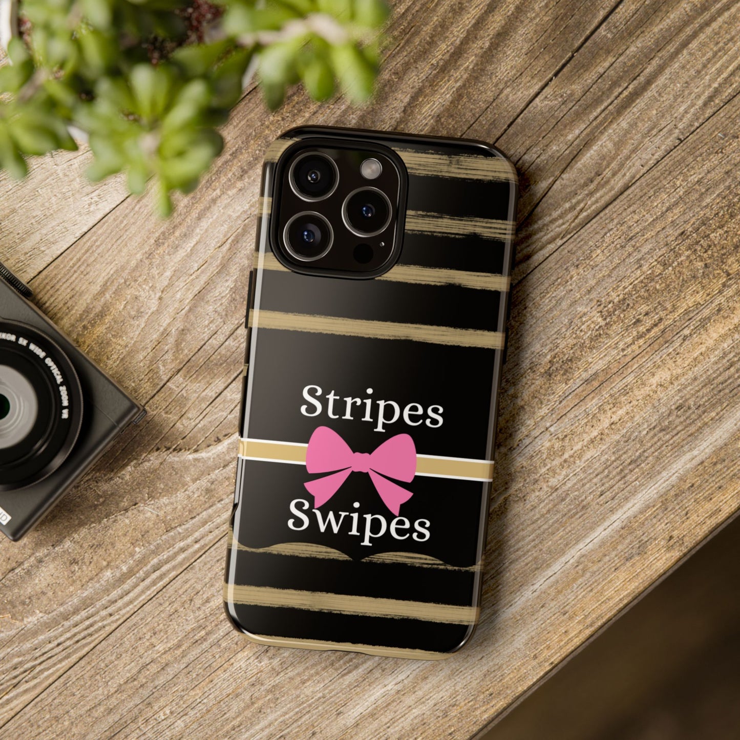 Phone Case iPhone 16/15/14 - Black/Beige Stripes & Swipes Tough Case