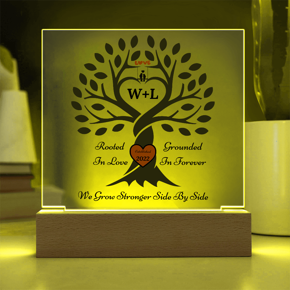 Personalized Love Birds “Rooted in Love” Tree Couple Night Light – Custom Initials & Year on Wood-Base Acrylic Lamp