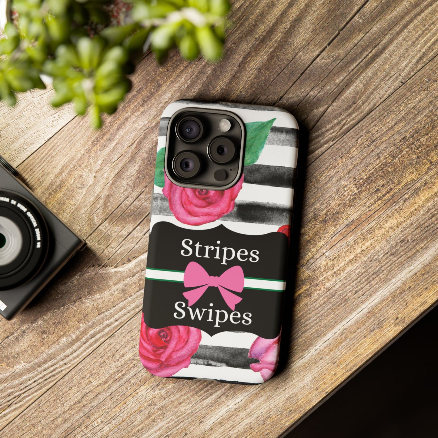 Phone Case iPhone 16/15/14 - Black/White Rose Stripes & Swipes Tough Case