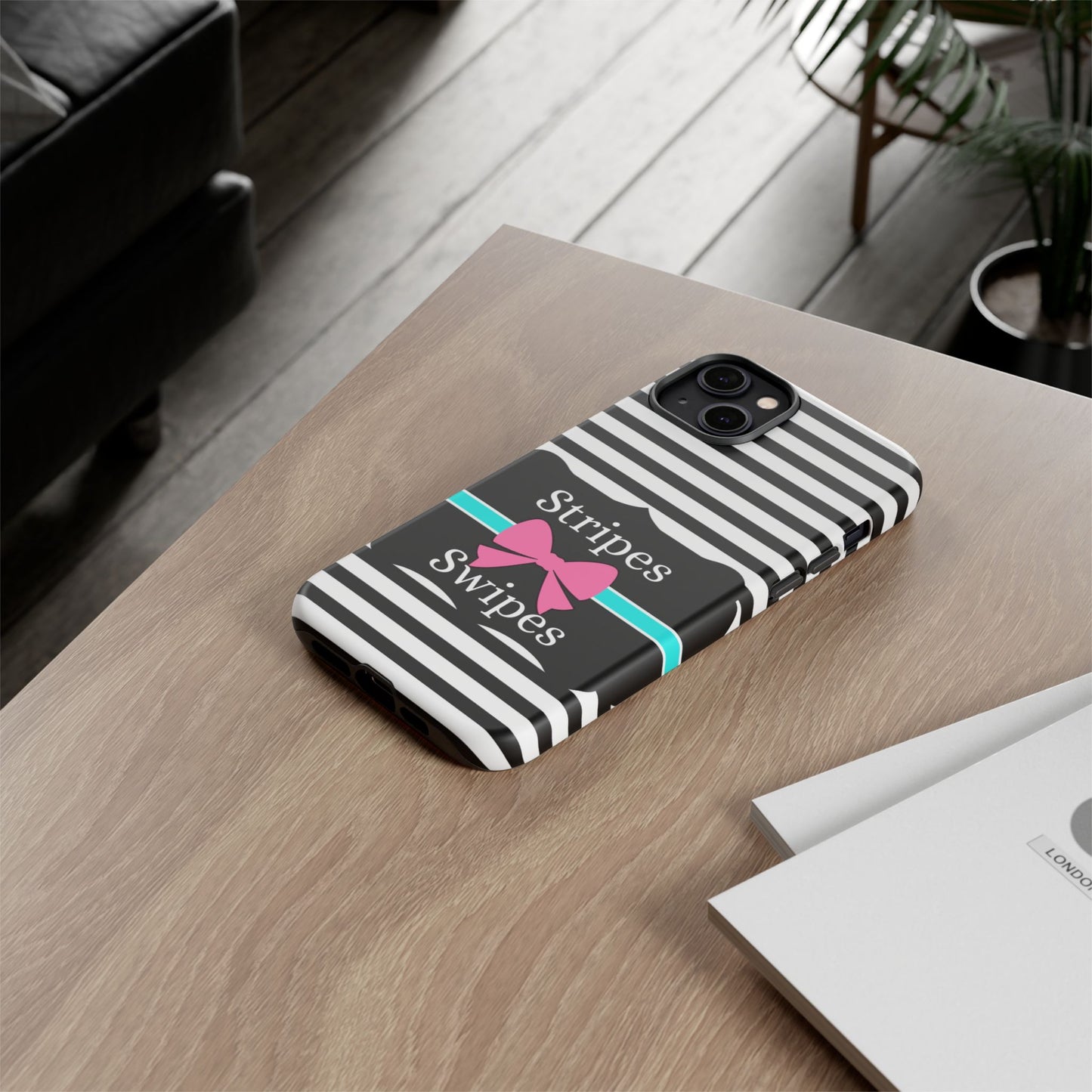 Phone Case iPhone 16/15/14 - Black/White/Blue Stripes & Swipes Tough Case