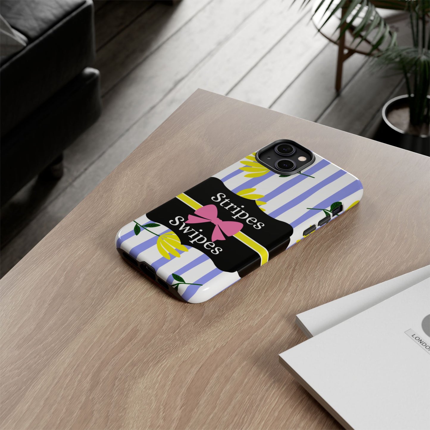 Phone Case iPhone 16/15/14 - Blue/White Yellow Stripes & Swipes Tough Case