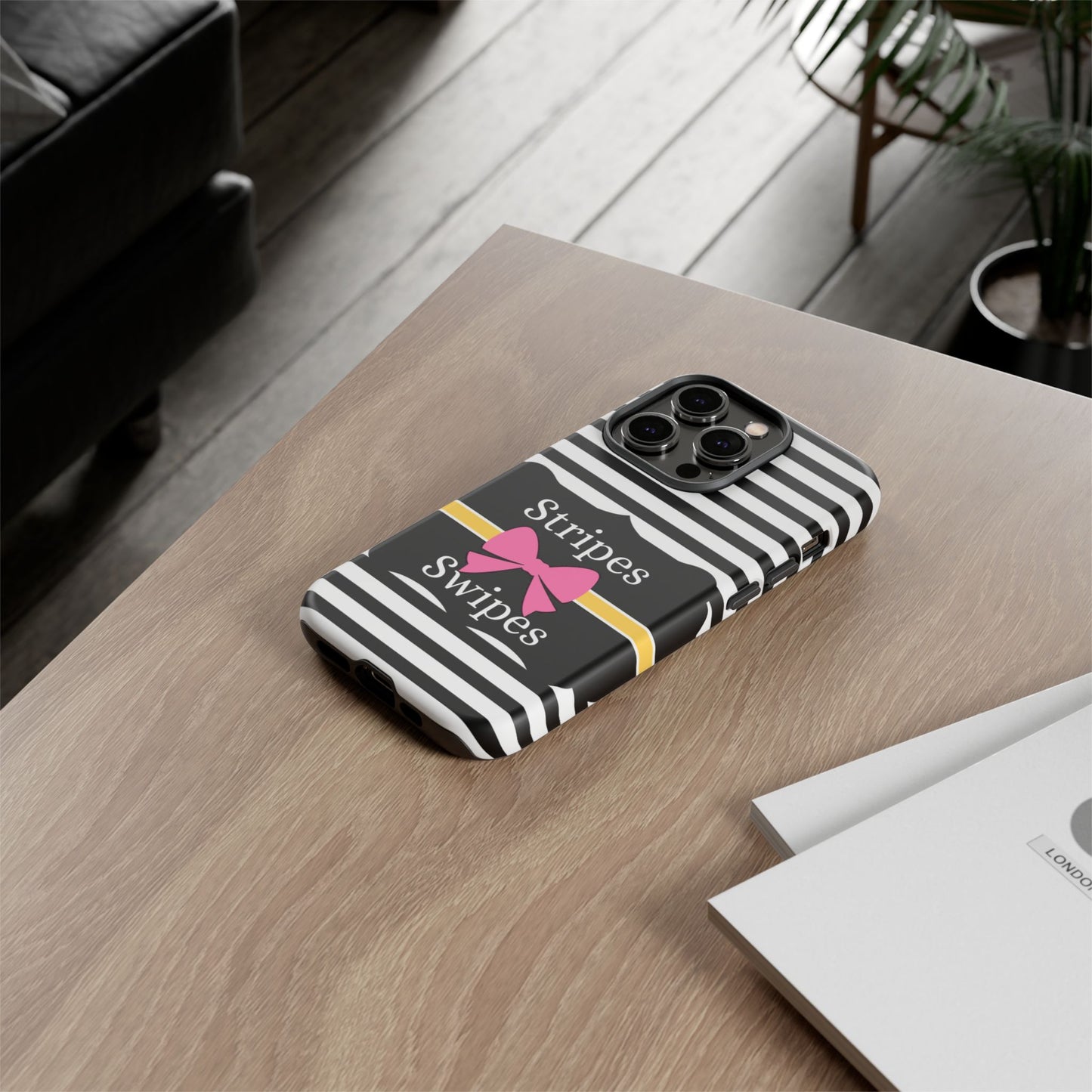 Phone Case iPhone 16/15/14 - Black/White/Yellow Stripes & Swipes Tough Case