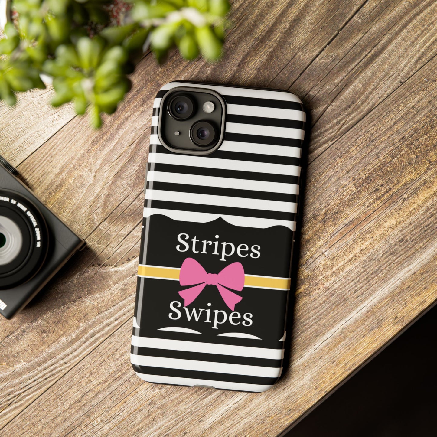 Phone Case iPhone 16/15/14 - Black/White/Yellow Stripes & Swipes Tough Case