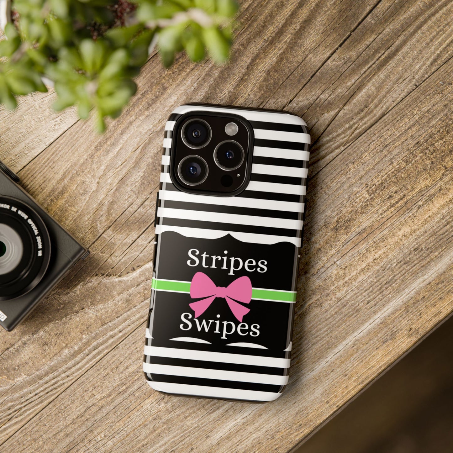 Phone Case iPhone 16/15/14 - Black/White/Green Stripes & Swipes Tough Case