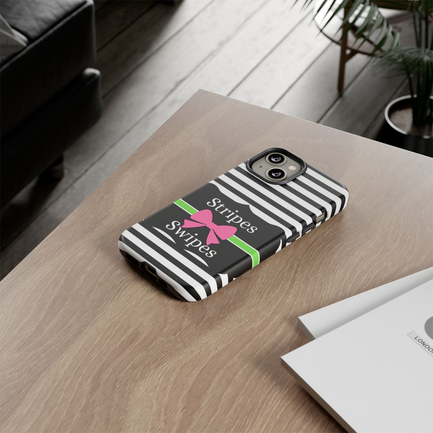 Phone Case iPhone 16/15/14 - Black/White/Green Stripes & Swipes Tough Case