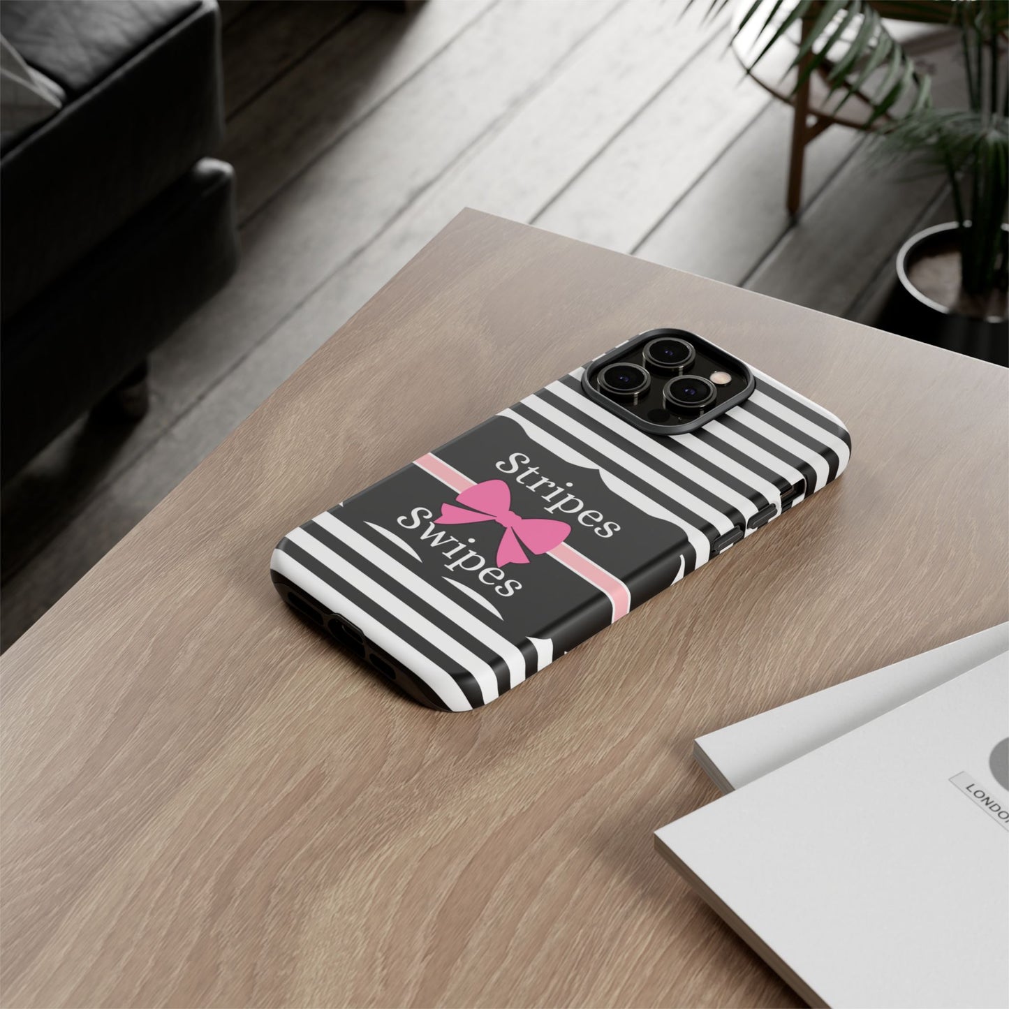 Phone Case iPhone 16/15/14 - Black/White/Pink Stripes & Swipes Tough Case