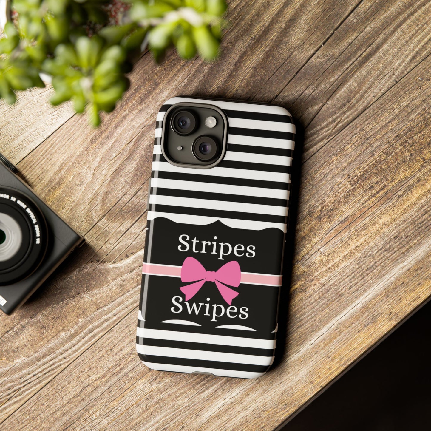 Phone Case iPhone 16/15/14 - Black/White/Pink Stripes & Swipes Tough Case