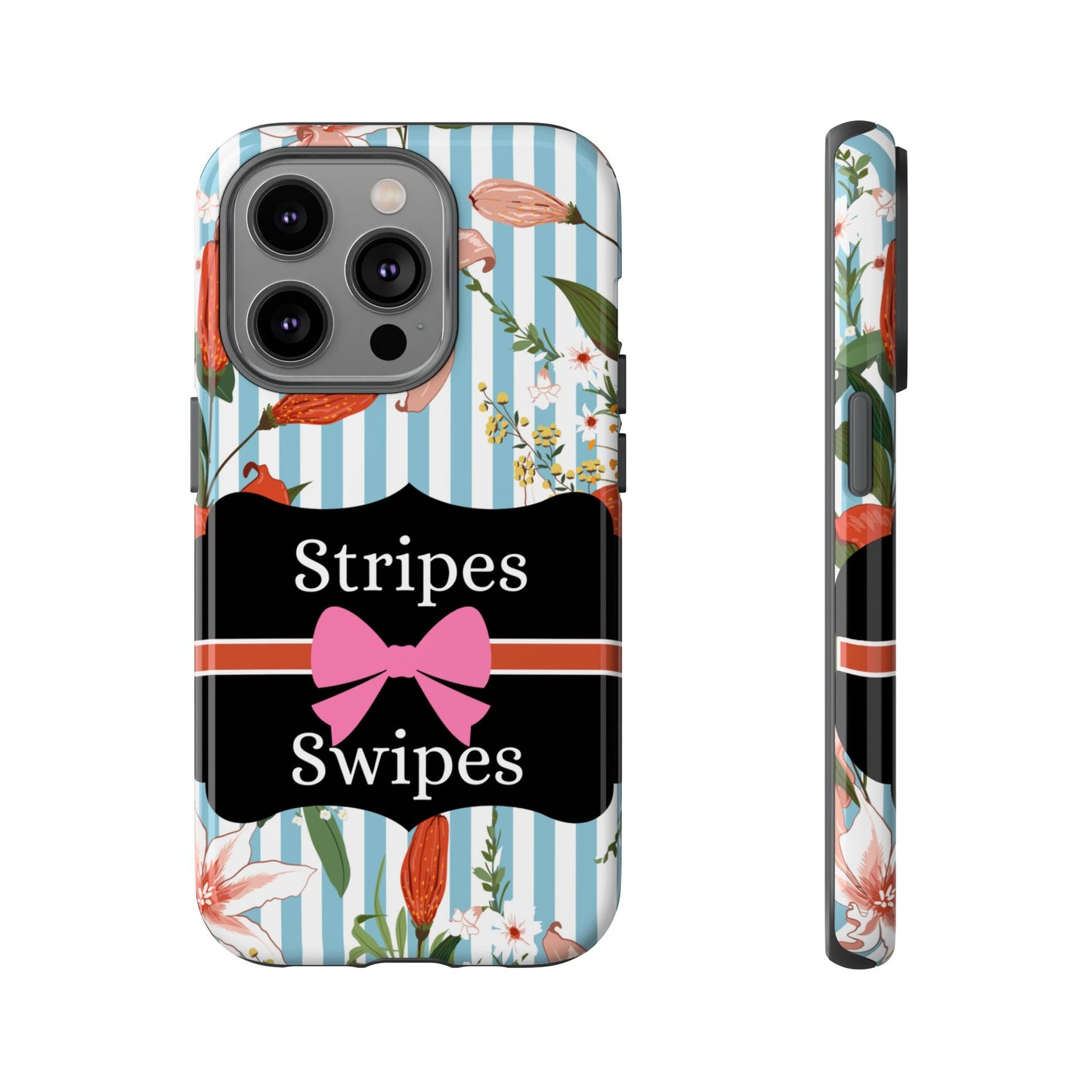 Phone Case iPhone 16/15/14 - Blue/White Flowers Stripes & Swipes Tough Case