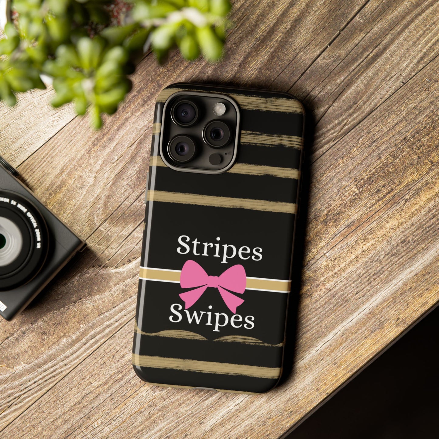 Phone Case iPhone 16/15/14 - Black/Beige Stripes & Swipes Tough Case