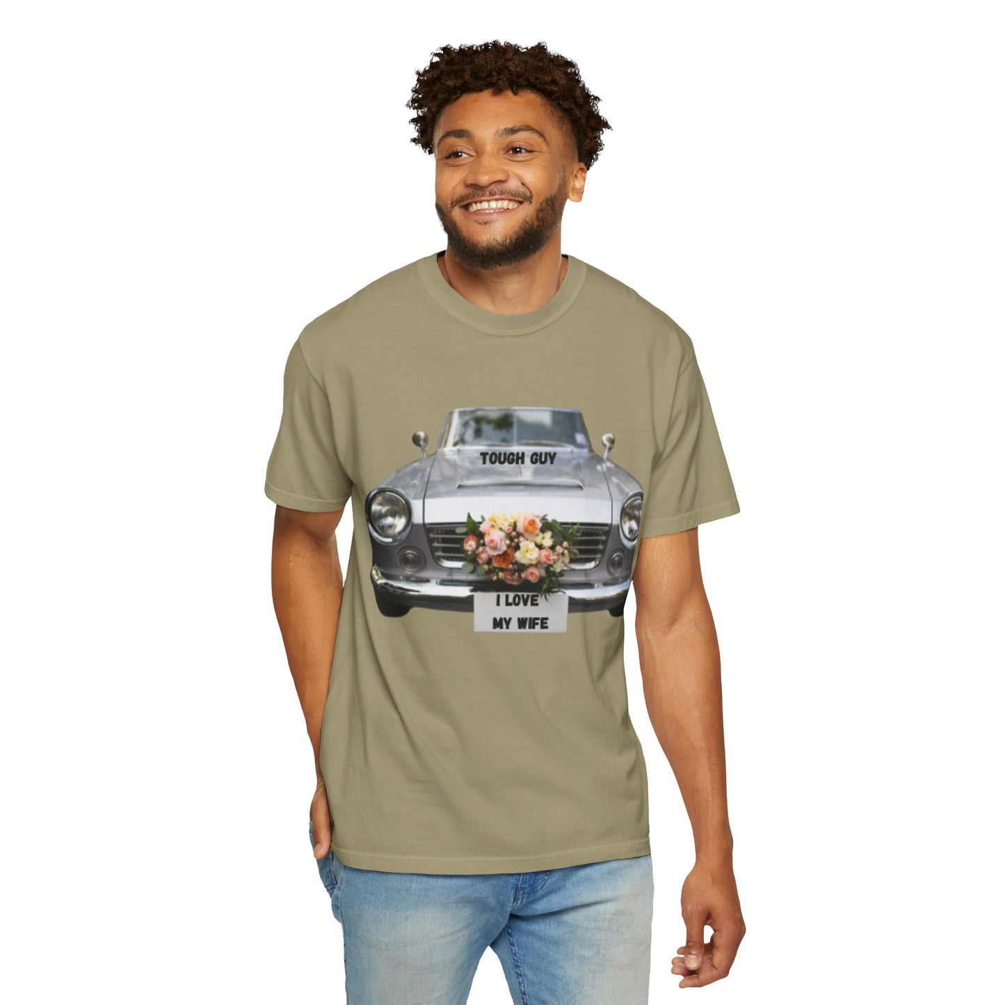 Men's T-Shirt Tough Guy Car with I Love My Wife Flowers Design