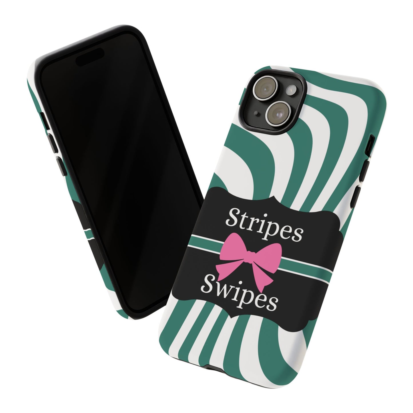 Phone Case iPhone 16/15/14 - Wavy Green/White Stripes & Swipes Tough Case