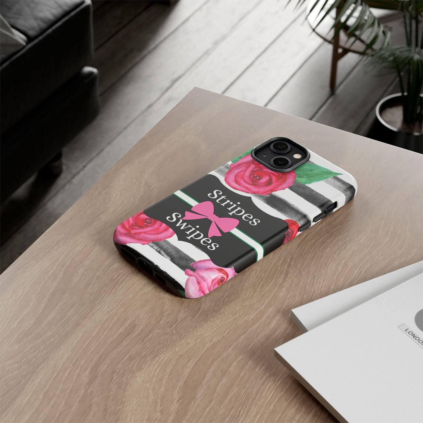 Phone Case iPhone 16/15/14 - Black/White Rose Stripes & Swipes Tough Case