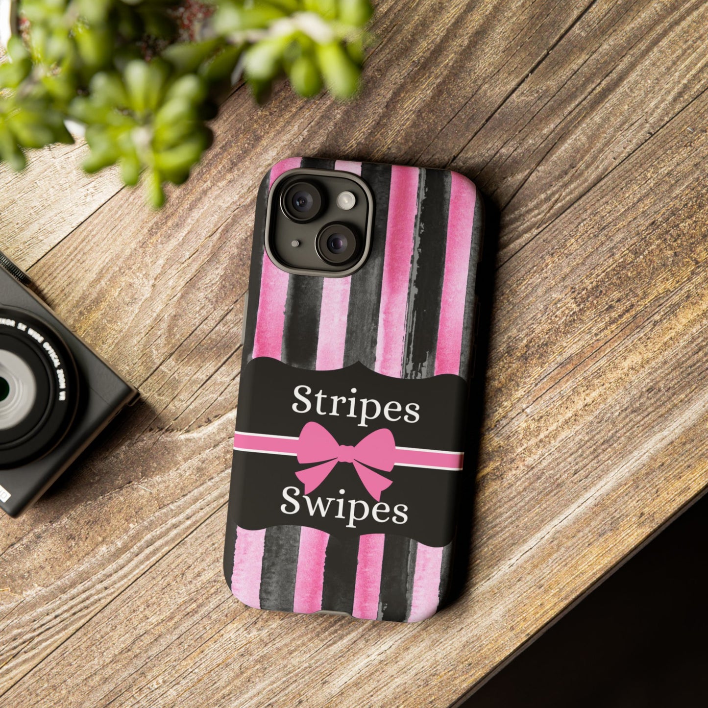 Phone Case iPhone 16/15/14 - Black/Pink Stripes & Swipes Tough Case