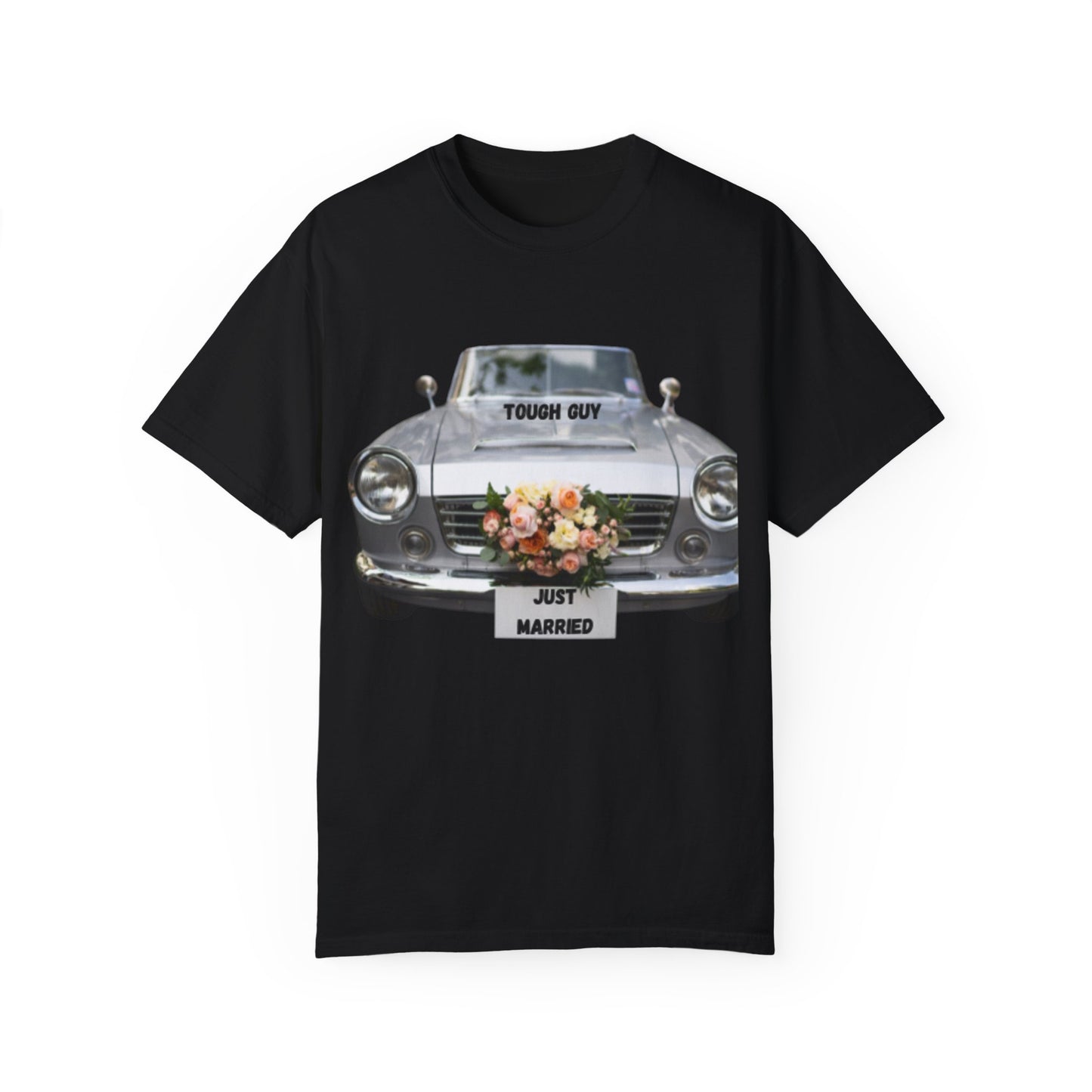 Men's T-Shirt Tough Guy Car with Just Married Flowers Design