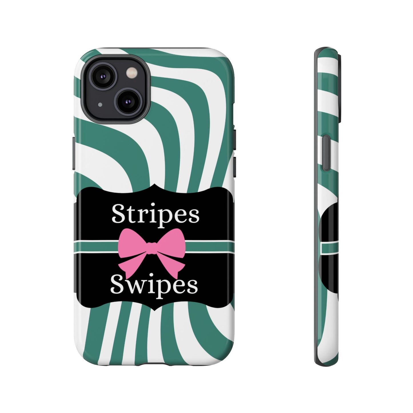 Phone Case iPhone 16/15/14 - Wavy Green/White Stripes & Swipes Tough Case