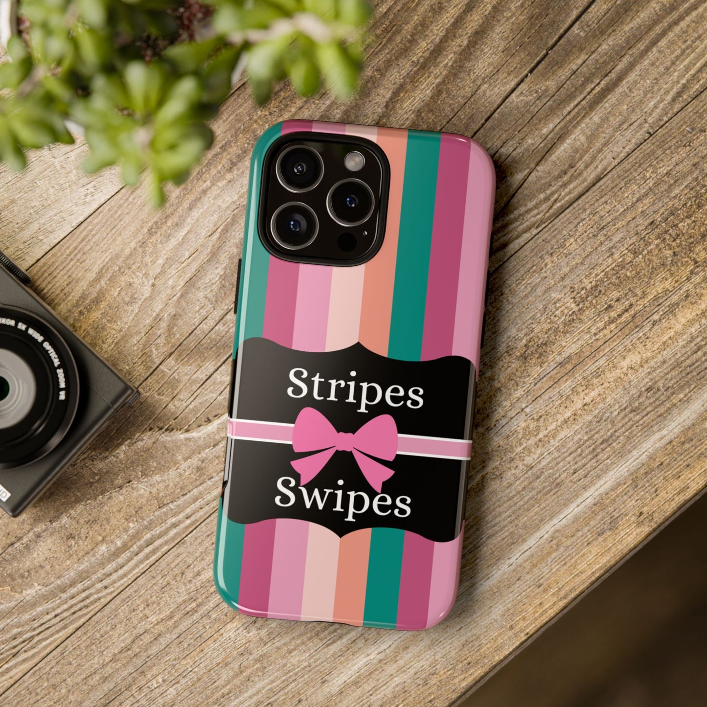 Phone Case iPhone 16/15/14 - Green/Pink/Peach Stripes & Swipes Tough Case