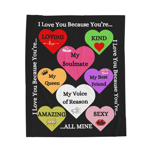 I Love You Because Hearts - Velveteen Plush Blanket 50x60 Black