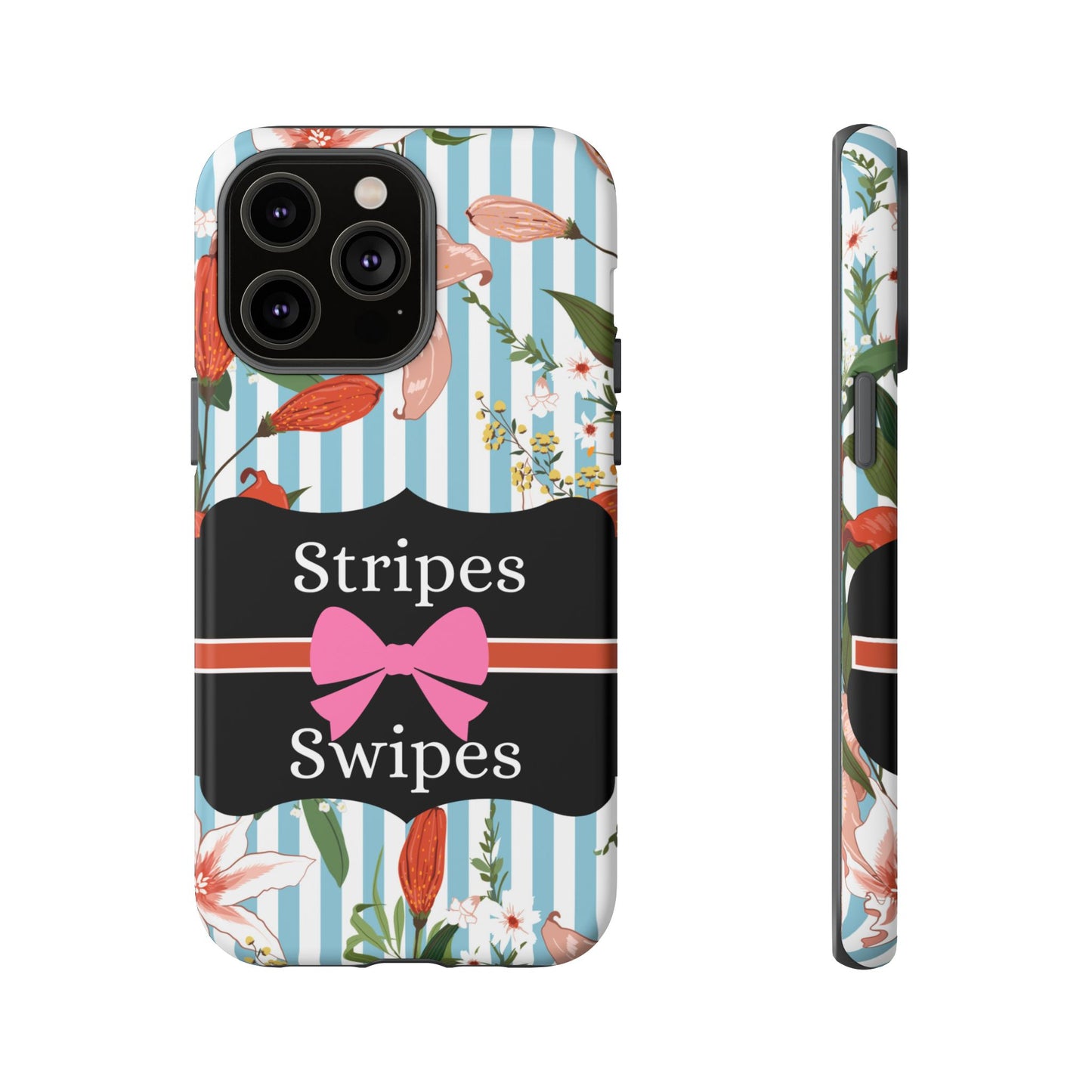 Phone Case iPhone 16/15/14 - Blue/White Flowers Stripes & Swipes Tough Case