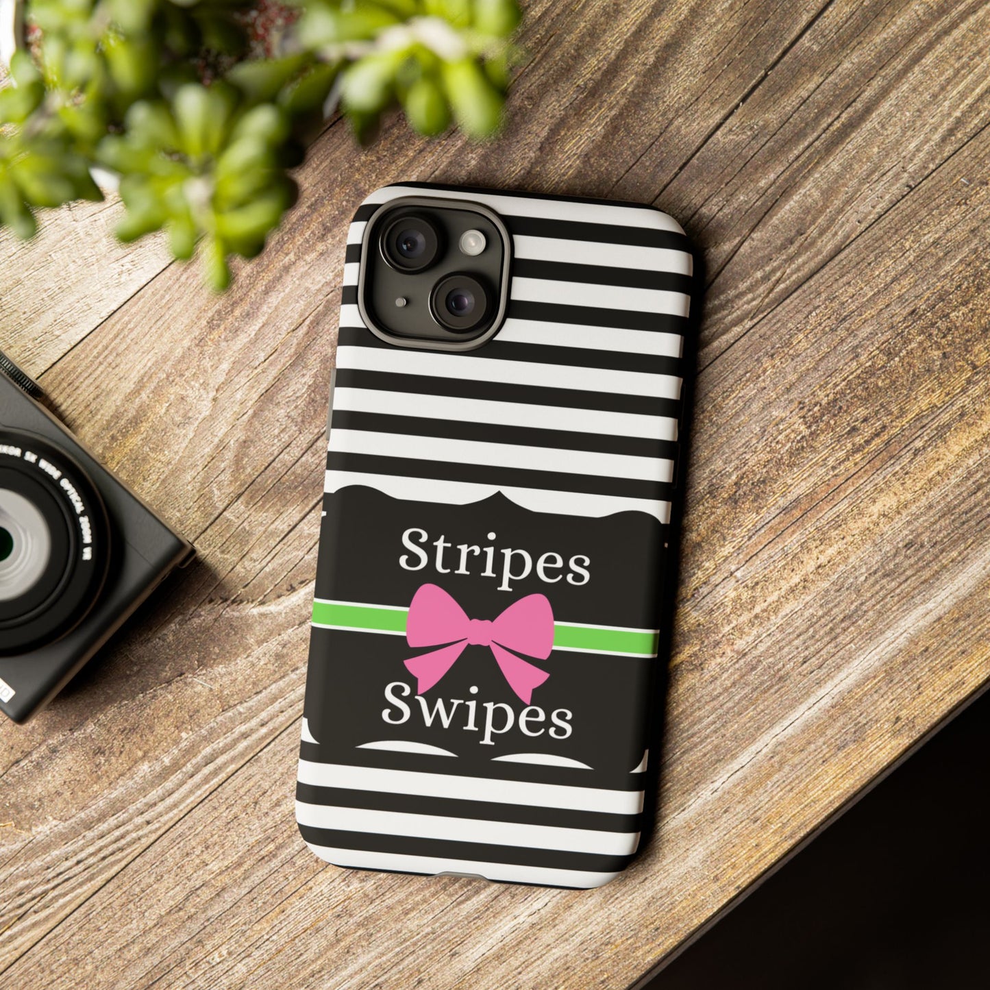 Phone Case iPhone 16/15/14 - Black/White/Green Stripes & Swipes Tough Case