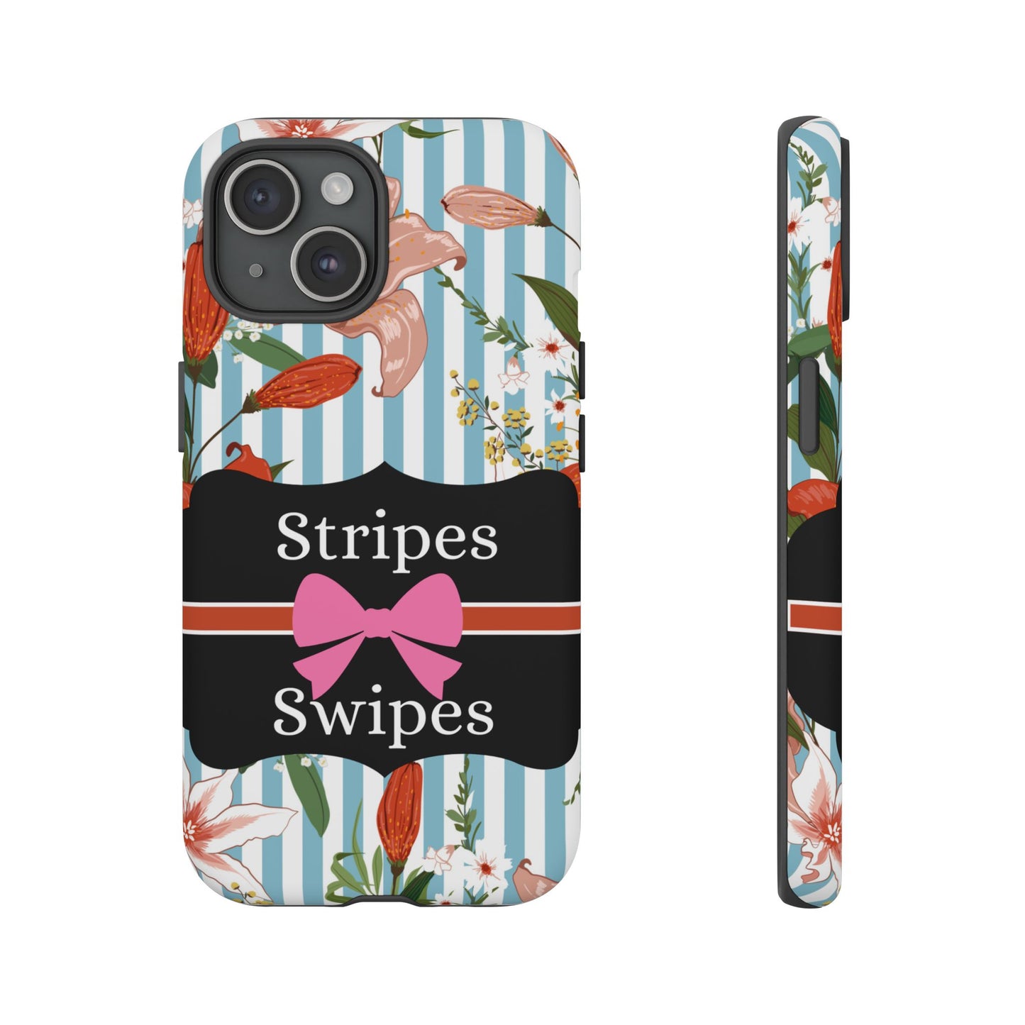 Phone Case iPhone 16/15/14 - Blue/White Flowers Stripes & Swipes Tough Case