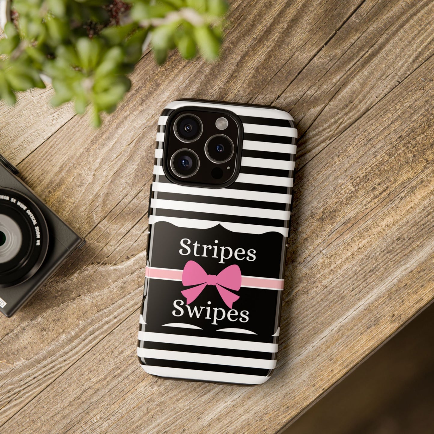 Phone Case iPhone 16/15/14 - Black/White/Pink Stripes & Swipes Tough Case