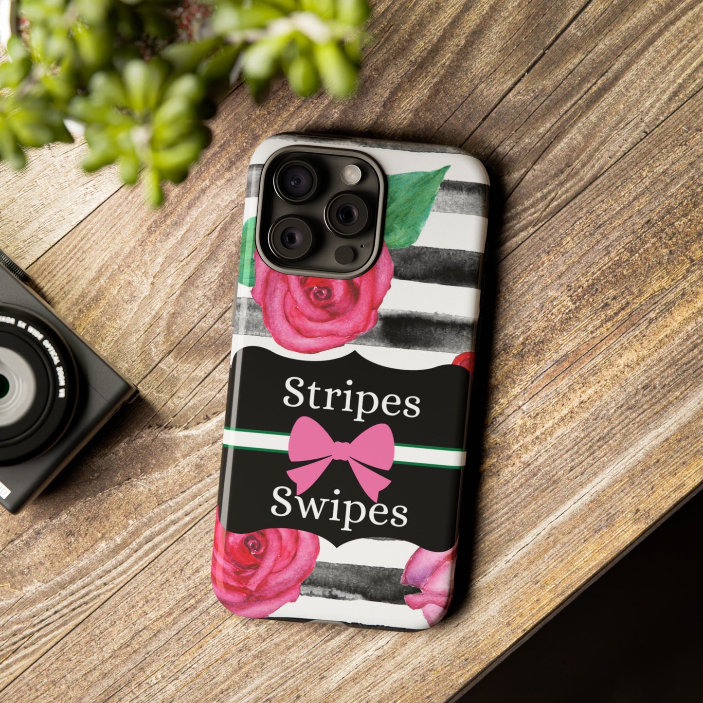 Phone Case iPhone 16/15/14 - Black/White Rose Stripes & Swipes Tough Case