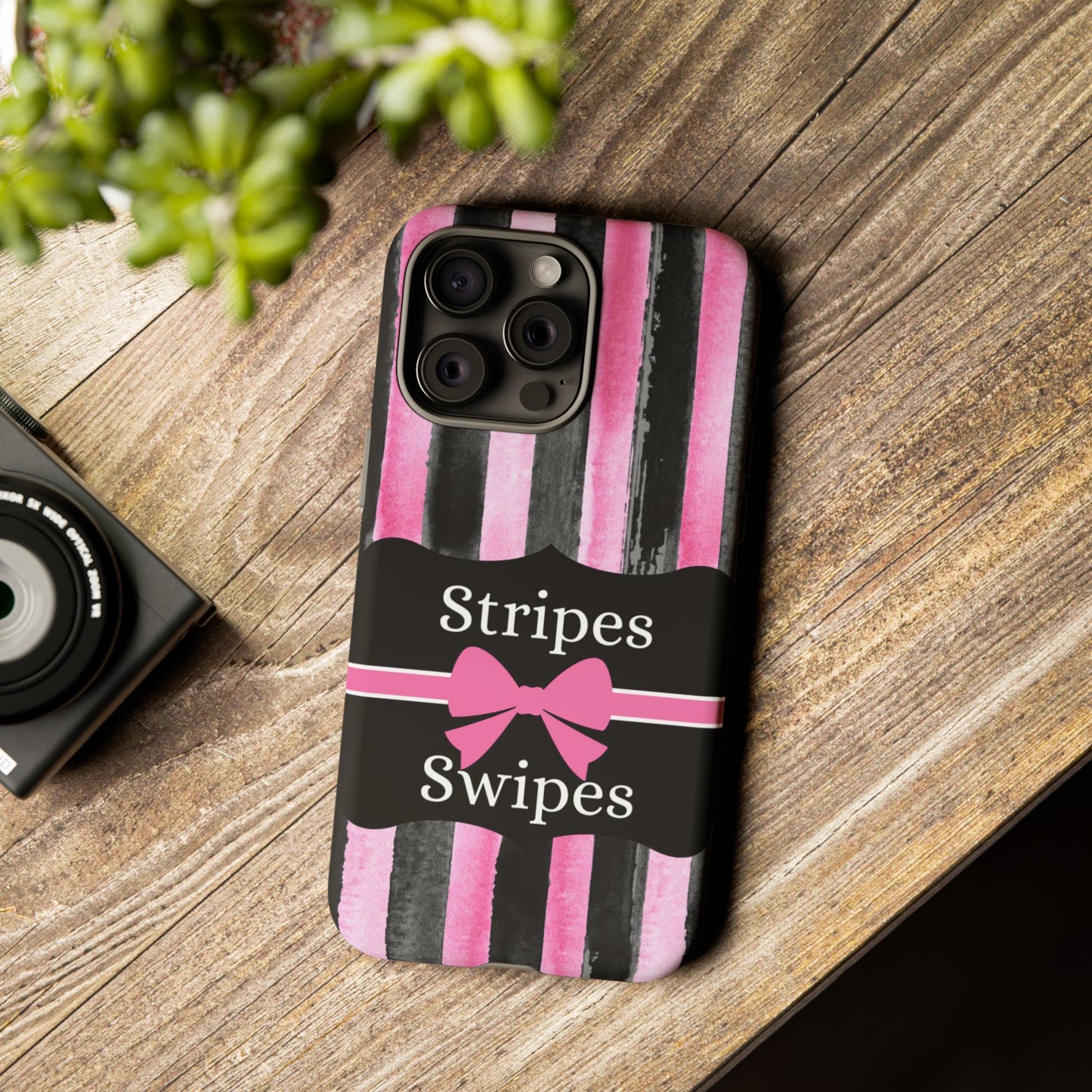 Phone Case iPhone 16/15/14 - Black/Pink Stripes & Swipes Tough Case