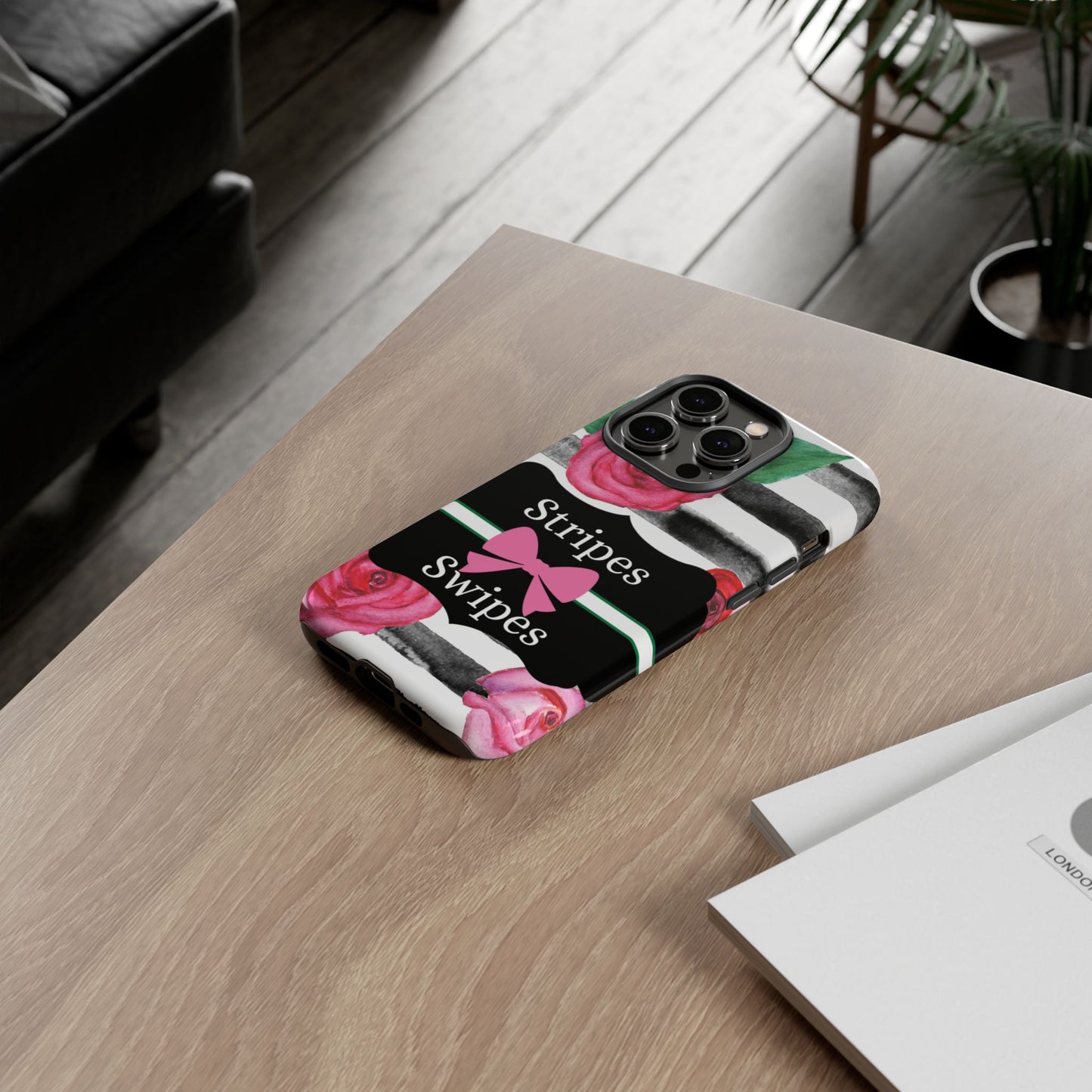 Phone Case iPhone 16/15/14 - Black/White Rose Stripes & Swipes Tough Case