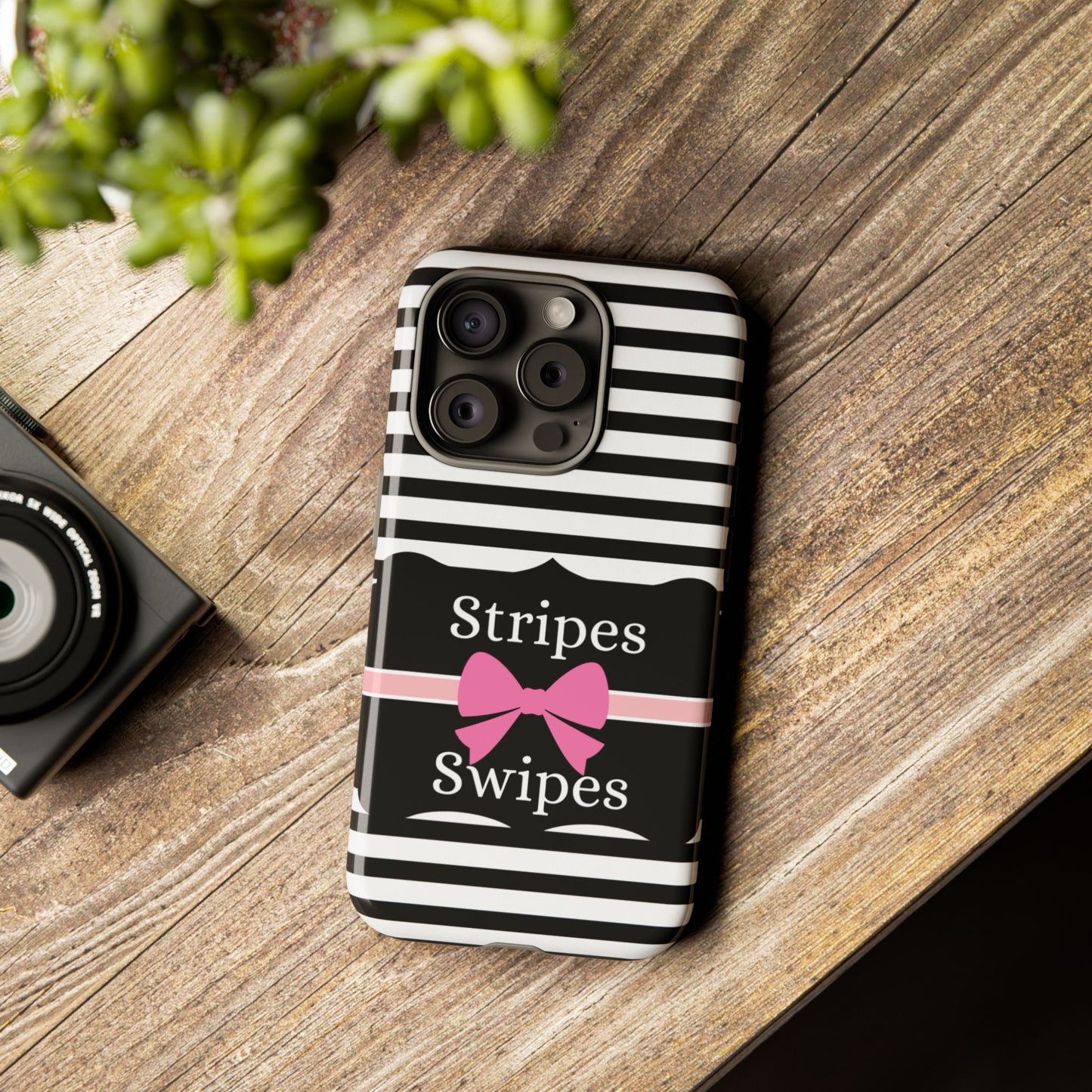 Phone Case iPhone 16/15/14 - Black/White/Pink Stripes & Swipes Tough Case