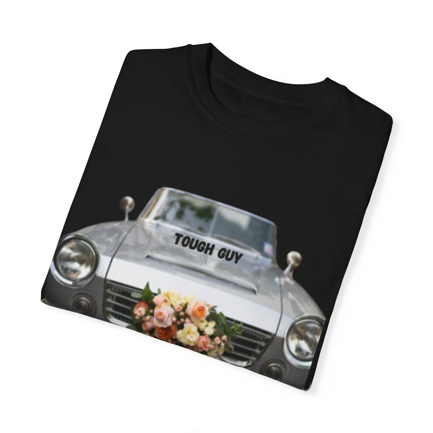 Men's T-Shirt Tough Guy Car with Just Married Flowers Design