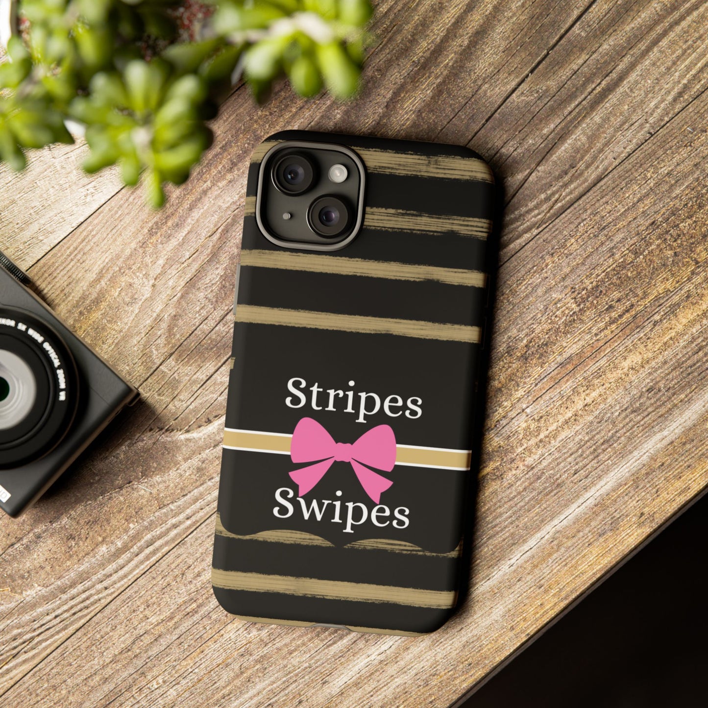 Phone Case iPhone 16/15/14 - Black/Beige Stripes & Swipes Tough Case