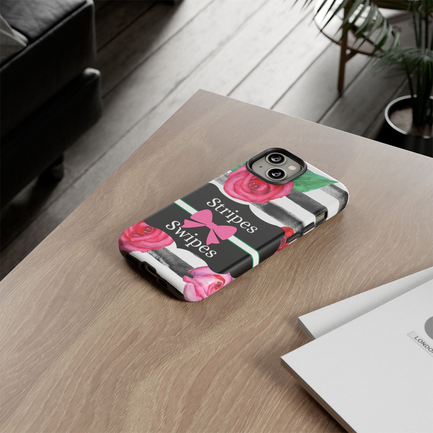 Phone Case iPhone 16/15/14 - Black/White Rose Stripes & Swipes Tough Case