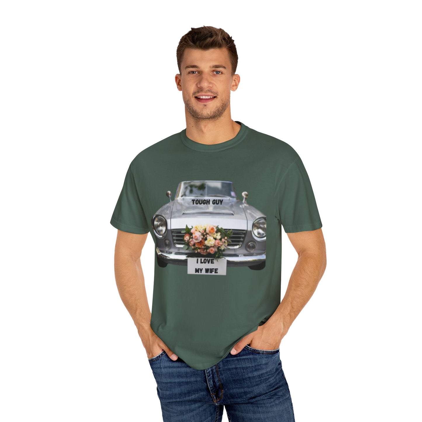 Men's T-Shirt Tough Guy Car with I Love My Wife Flowers Design