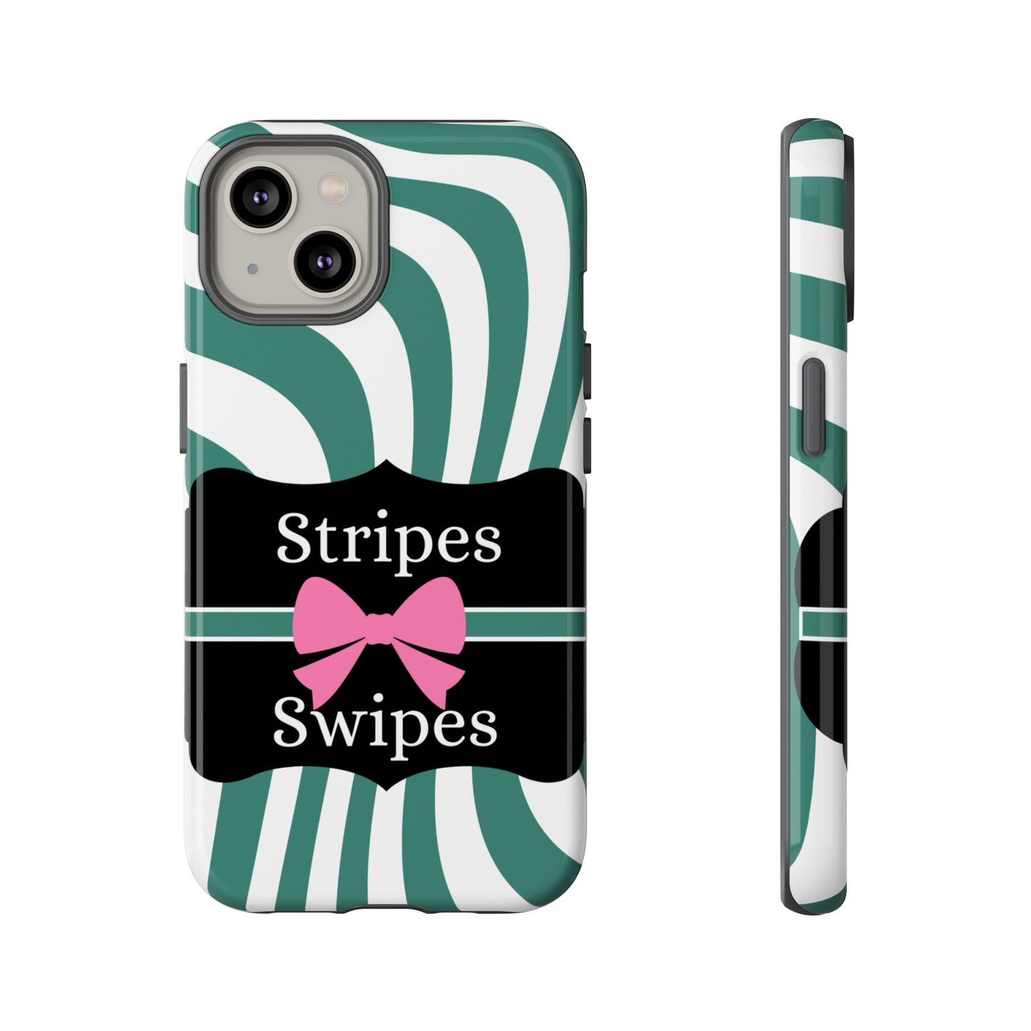 Phone Case iPhone 16/15/14 - Wavy Green/White Stripes & Swipes Tough Case