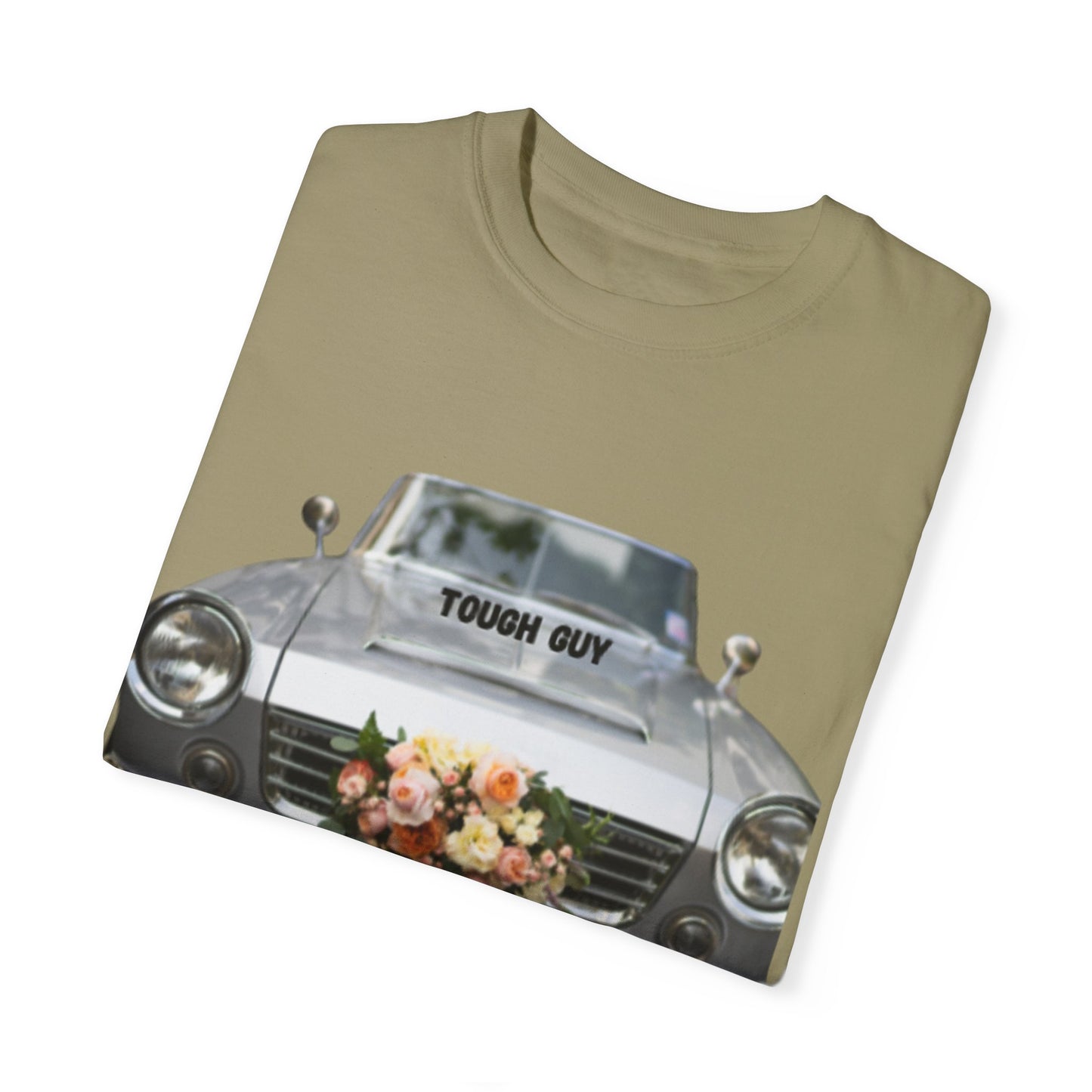 Men's T-Shirt Tough Guy Car with Just Married Flowers Design