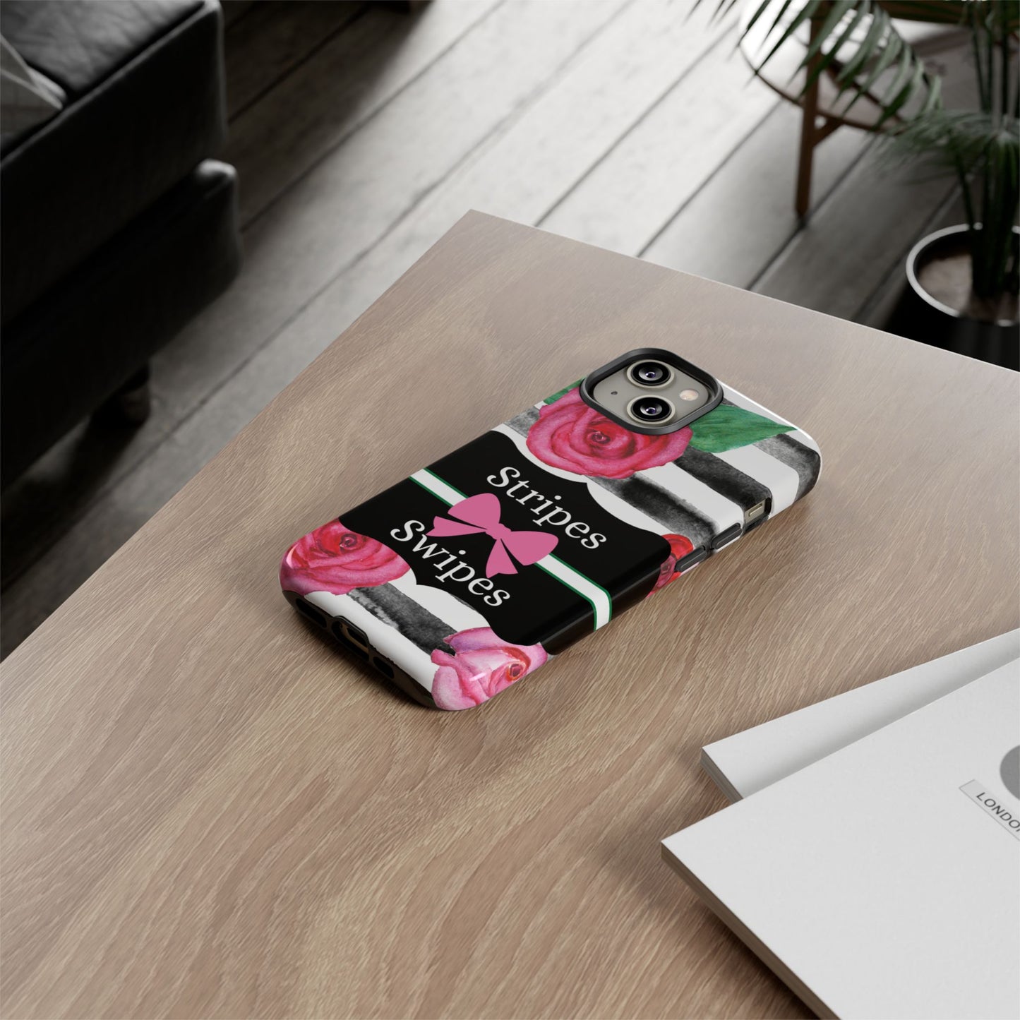 Phone Case iPhone 16/15/14 - Black/White Rose Stripes & Swipes Tough Case