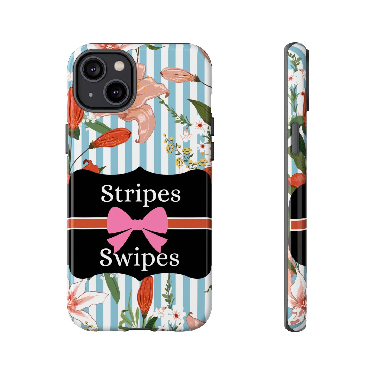 Phone Case iPhone 16/15/14 - Blue/White Flowers Stripes & Swipes Tough Case