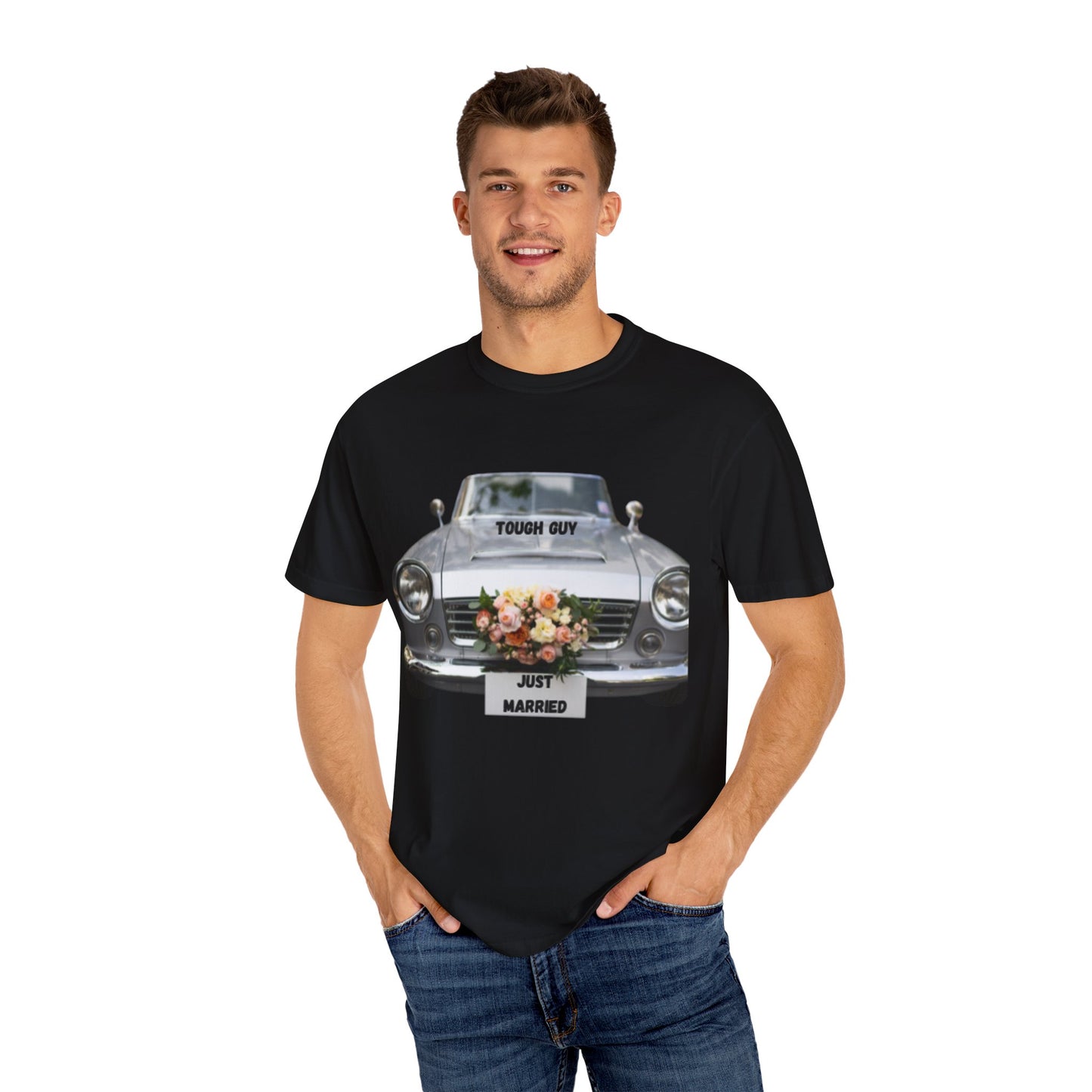 Men's T-Shirt Tough Guy Car with Just Married Flowers Design