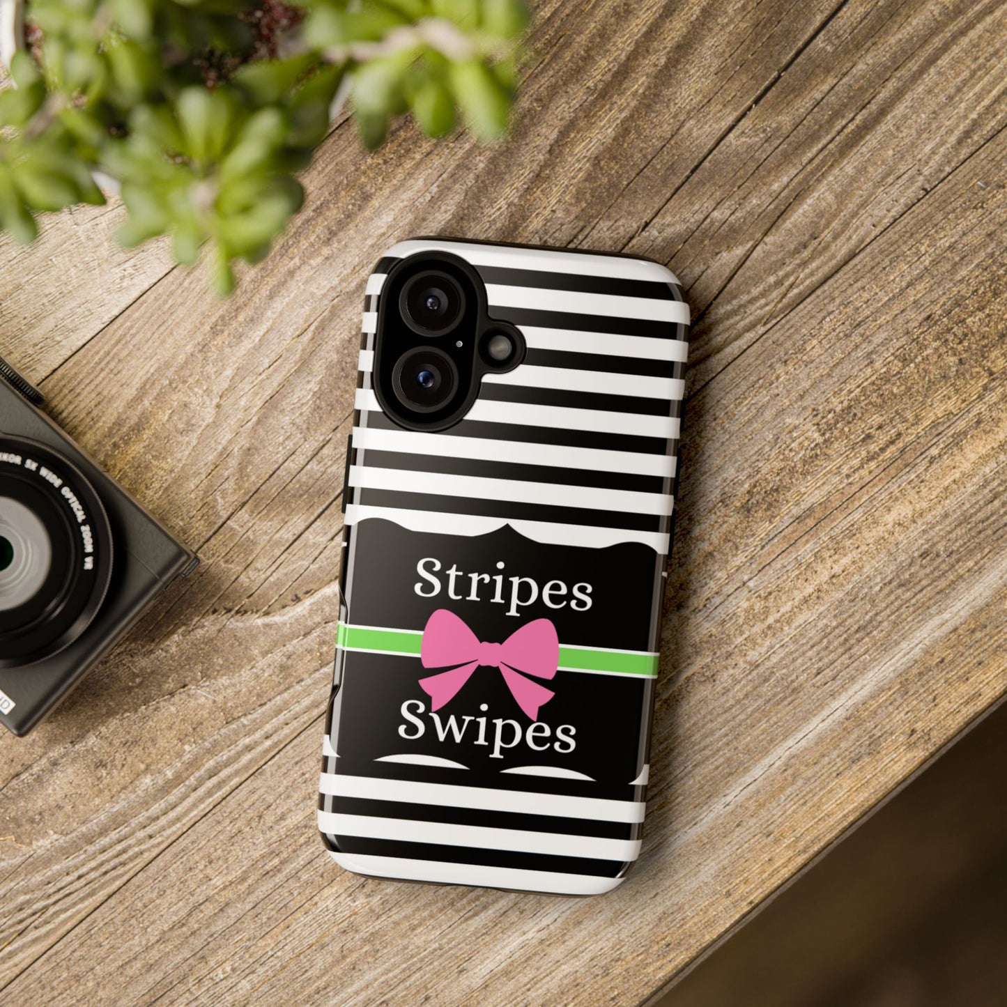 Phone Case iPhone 16/15/14 - Black/White/Green Stripes & Swipes Tough Case