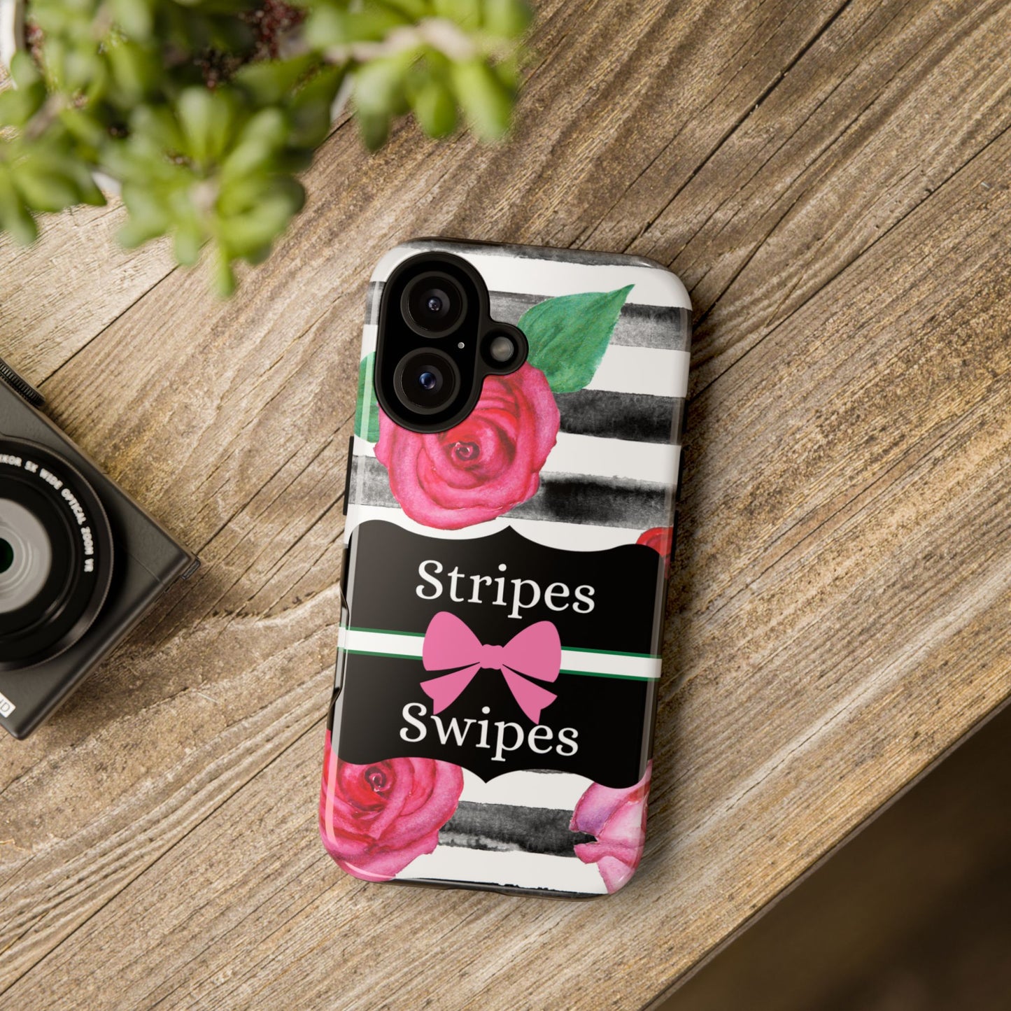 Phone Case iPhone 16/15/14 - Black/White Rose Stripes & Swipes Tough Case