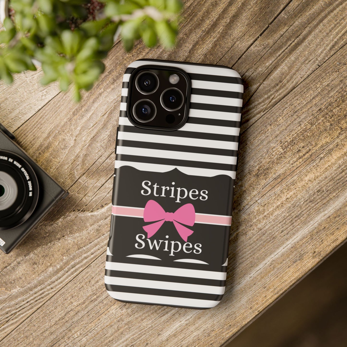 Phone Case iPhone 16/15/14 - Black/White/Pink Stripes & Swipes Tough Case