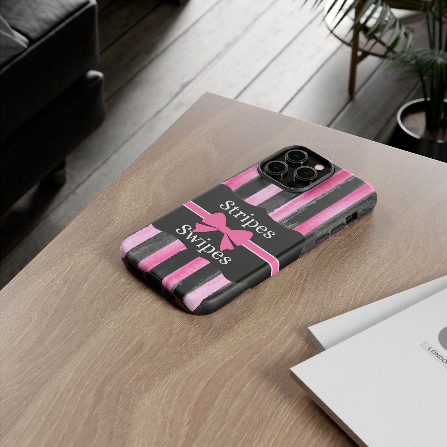 Phone Case iPhone 16/15/14 - Black/Pink Stripes & Swipes Tough Case