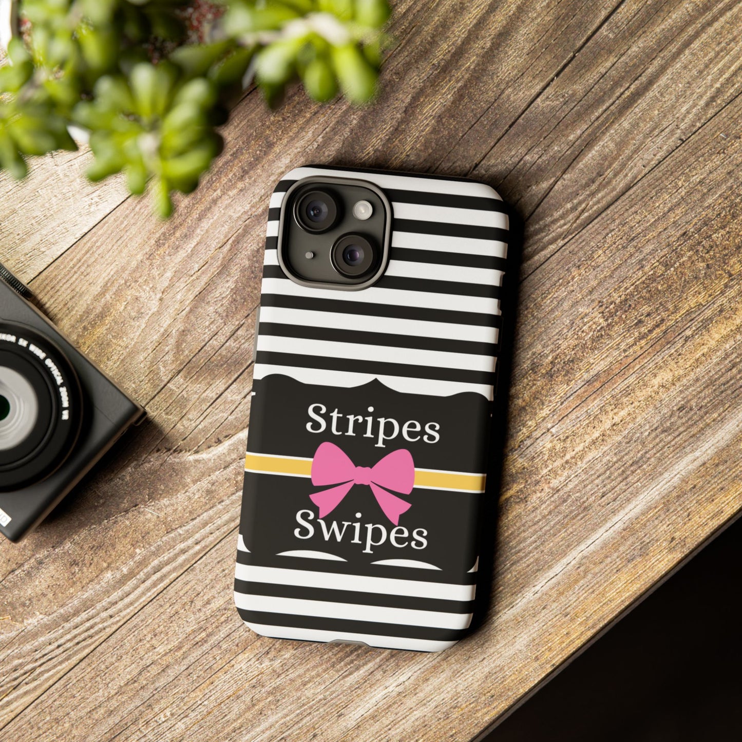 Phone Case iPhone 16/15/14 - Black/White/Yellow Stripes & Swipes Tough Case