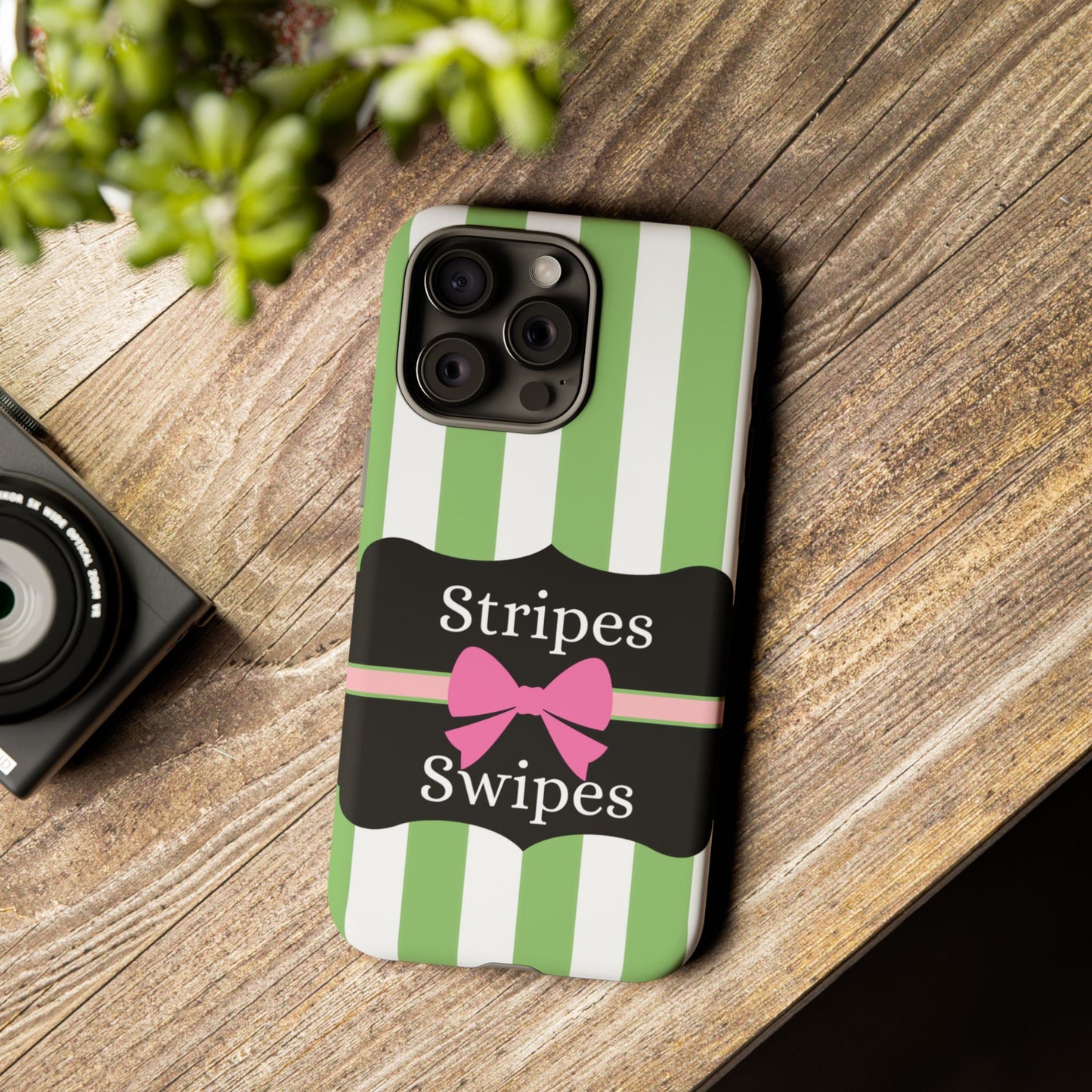 Phone Case iPhone 16/15/14 - Green/White Stripes & Swipes Tough Case