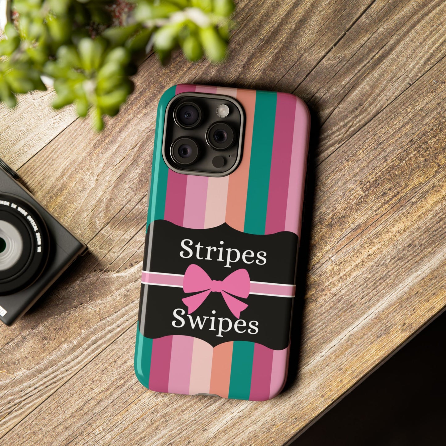 Phone Case iPhone 16/15/14 - Green/Pink/Peach Stripes & Swipes Tough Case