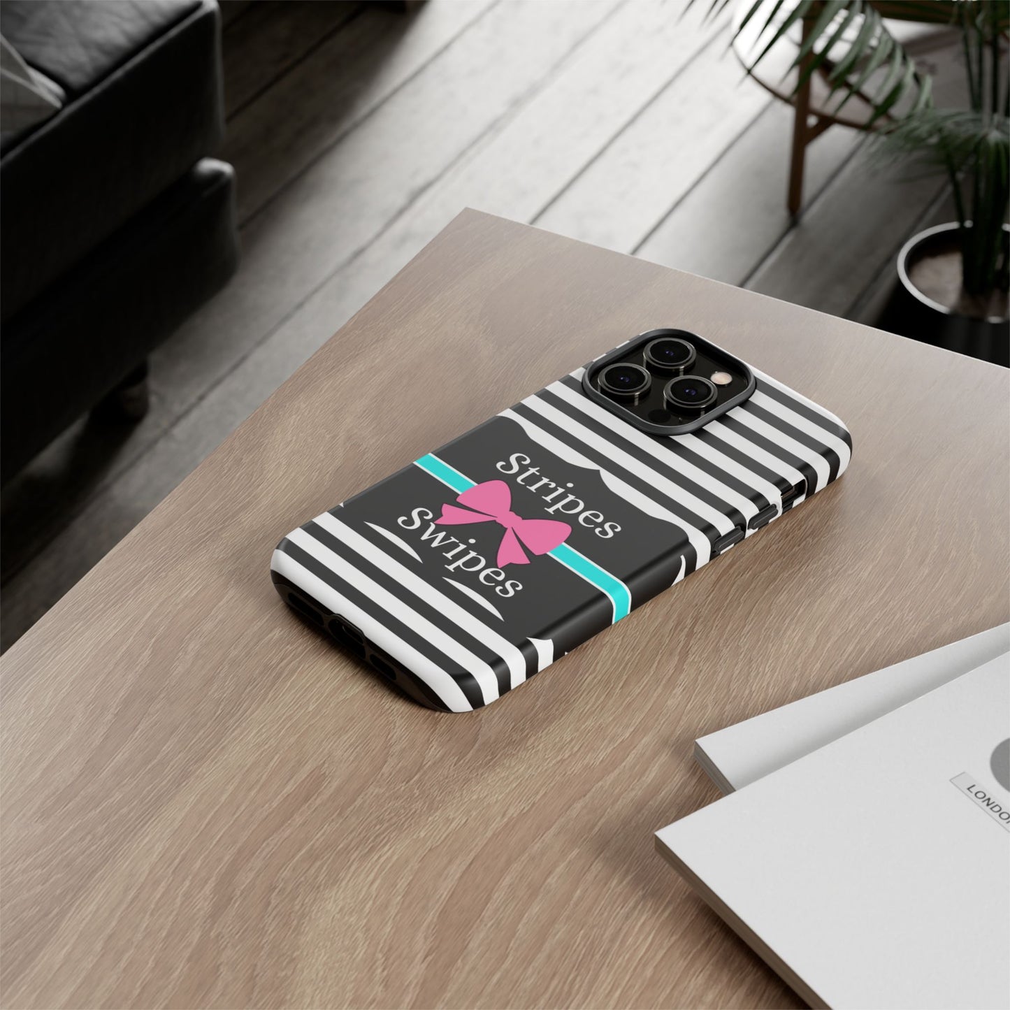 Phone Case iPhone 16/15/14 - Black/White/Blue Stripes & Swipes Tough Case