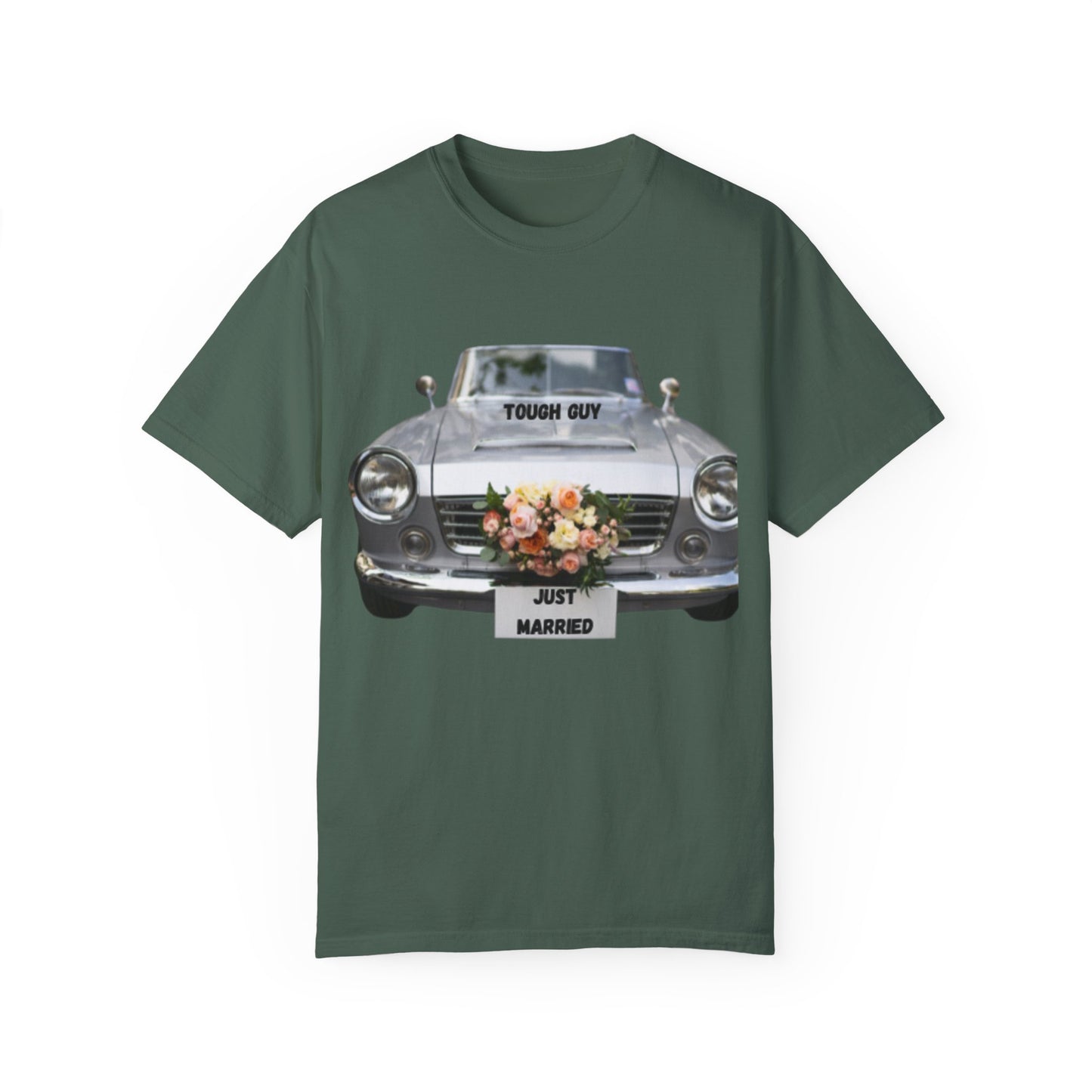 Men's T-Shirt Tough Guy Car with Just Married Flowers Design